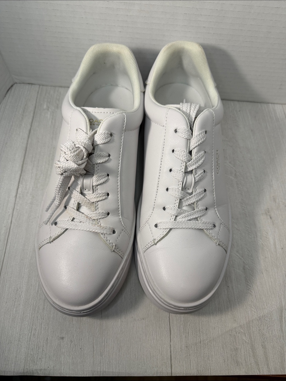 Coach White Leather Lace-Up Sneakers with Gold Accent - Picture 4 of 14